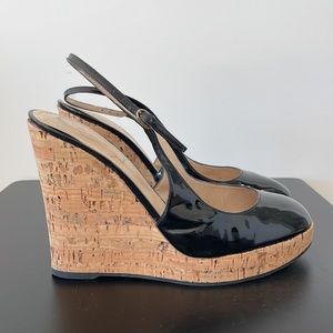 Yves Saint Laurent Black Patent Cork Wedge Sandals Size 39